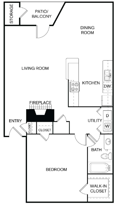 A floor plan of a home with a living room, dining room, kitchen, and bedroom.